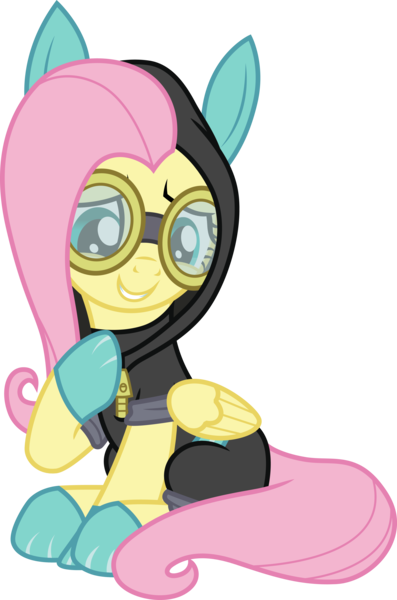 Size: 3000x4536 | Tagged: safe, artist:cloudyglow, derpibooru import, fluttershy, sparkle's seven, clothes, costume, dangerous mission outfit, goggles, hoodie, image, png, simple background, solo, transparent background, vector