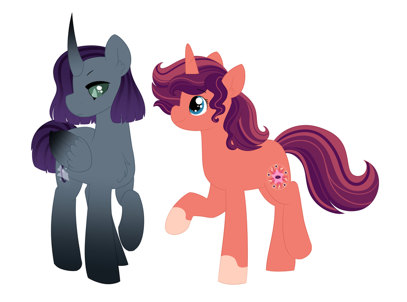 Size: 3662x2720 | Tagged: safe, artist:queenderpyturtle, derpibooru import, oc, oc:noctis, oc:vivid sunset sky, unofficial characters only, alicorn, pony, unicorn, female, image, jpeg, male, mare, simple background, stallion, white background