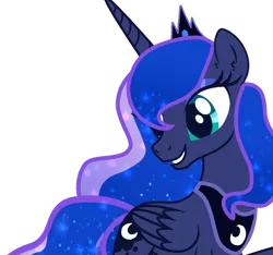 Size: 1280x1199 | Tagged: safe, artist:naturajellyfish, derpibooru import, princess luna, alicorn, pony, crown, ethereal mane, ethereal tail, eyeshadow, folded wings, gem, gritted teeth, image, jewelry, looking at something, makeup, moon, png, regalia, simple background, smiling, starry mane, tail, transparent background, transparent mane, wings