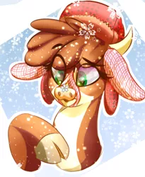 Size: 734x897 | Tagged: safe, artist:to_fat_to_fly, arizona cow, cow, them's fightin' herds, cloven hooves, community related, drawthread, earmuffs, eye clipping through hair, female, hat, image, pale belly, png, snow, snowfall, snowflake, solo