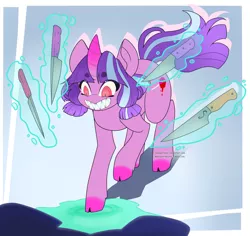 Size: 1024x967 | Tagged: safe, artist:sawberrykiss, derpibooru import, oc, oc:sugar rush, unofficial characters only, pony, unicorn, cloven hooves, curved horn, glow, glowing horn, horn, image, knife, magic, png, slasher smile, solo, telekinesis, unicorn oc
