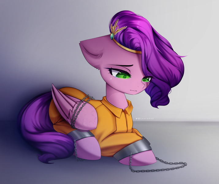 Size: 3840x3224 | Tagged: safe, artist:shavurrr, derpibooru import, pipp petals, pegasus, pony, bound wings, chained, chains, clothes, crying, cuffed, female, g5, image, jpeg, mare, prison outfit, prisoner, sad, shackles, solo, wings