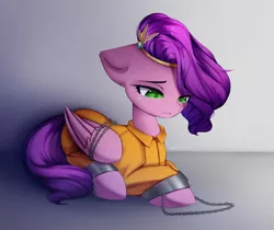 Size: 3840x3224 | Tagged: safe, artist:shavurrr, derpibooru import, pipp petals, pegasus, pony, bound wings, chained, chains, clothes, crying, cuffed, female, g5, image, jpeg, mare, prisoner, prison outfit, sad, shackles, solo, wings