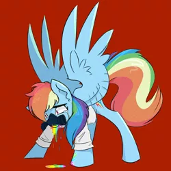 Size: 900x901 | Tagged: safe, artist:pointdelta, derpibooru import, rainbow dash, pegasus, pony, fanfic:rainbow factory, crying, fanfic art, female, gas mask, image, jpeg, liquid rainbow, mask, rainbow factory dash, red background, simple background, solo, spread wings, wings