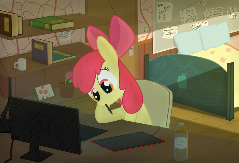 Size: 2560x1750 | Tagged: safe, artist:_rynn, derpibooru import, apple bloom, earth pony, pony, apple bloom's bow, background, book, bow, chair, closed mouth, cup, door, drawing, eyes open, flower, graphics tablet, hair bow, image, keyboard, light, monitor, mouth hold, notes, pen, pillow, png, room, shadows, shelves, sitting, solo, table, walls, water bottle, wide eyes