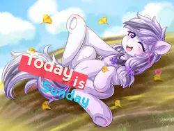 Size: 1819x1372 | Tagged: suggestive, artist:twilight-minkowski, derpibooru import, oc, oc:lin, unofficial characters only, pony, blushing, censored, female, image, lying down, on back, one eye closed, open mouth, png, solo, spread legs, spreading, sunday, wink