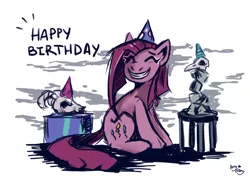 Size: 3500x2500 | Tagged: safe, alternate version, artist:amy-gamy, derpibooru import, pinkie pie, earth pony, pony, happy birthday, hat, image, jpeg, party hat, pinkamena diane pie, present, skull, smiling, solo