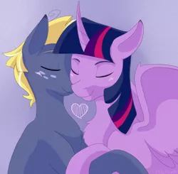 Size: 1702x1666 | Tagged: safe, artist:maravor, derpibooru import, star tracker, twilight sparkle, twilight sparkle (alicorn), alicorn, earth pony, pony, blushing, chest fluff, colored ears, eyes closed, female, heart, image, male, mare, png, shipping, stallion, straight, twitracker