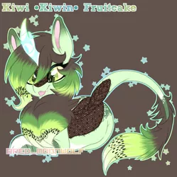 Size: 2352x2360 | Tagged: safe, artist:red_moonwolf, derpibooru import, kirin oc, oc, oc:kiwi fruitcake, unofficial characters only, kirin, :p, butt freckles, chest fluff, colored sclera, fangs, female, freckles, image, looking down, lying down, png, prone, simple background, solo, tongue out, watermark