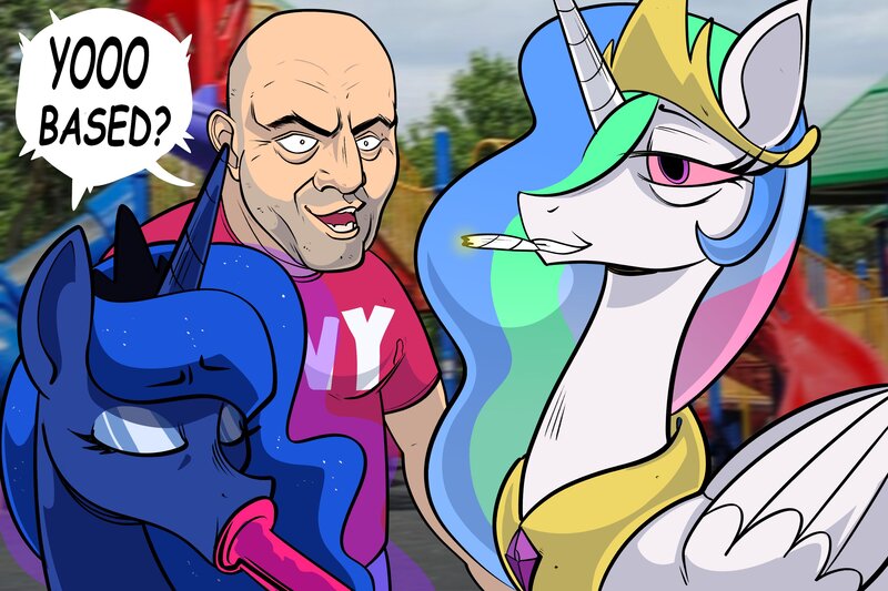 Size: 3000x2000 | Tagged: safe, artist:swagstapiece, derpibooru import, princess celestia, princess luna, alicorn, human, pony, bloodshot eyes, blunt, bong, drugs, eyes closed, female, image, joe rogan, jpeg, male, mare, marijuana, smoking, speech bubble