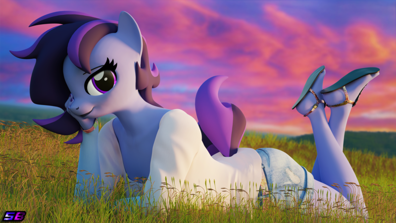 Size: 3840x2160 | Tagged: safe, artist:shadowboltsfm, derpibooru import, oc, oc:raven storm, anthro, plantigrade anthro, 3d, 4k, blender, clothes, crossed legs, female, grass, image, looking at you, not sfm, png, sandals, shorts, smiling, solo, sunset, the pose