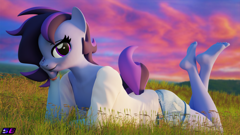 Size: 3840x2160 | Tagged: safe, artist:shadowboltsfm, derpibooru import, oc, oc:raven storm, anthro, plantigrade anthro, 3d, 4k, barefoot, blender, clothes, crossed legs, feet, female, grass, image, looking at you, not sfm, png, shorts, smiling, solo, sunset, the pose, toes
