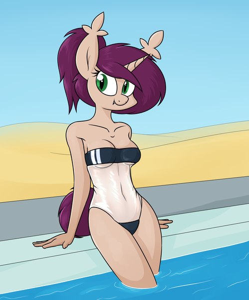Size: 2118x2545 | Tagged: suggestive, artist:moonatik, derpibooru import, oc, oc:timetable, unofficial characters only, anthro, bat pony, unicorn, bat pony oc, bat wings, belly button, bikini, clothes, commission, fangs, female, gris swimsuit, horn, image, one-piece swimsuit, png, see-through, sexy, solo, swimsuit, unicorn oc, wings, ych example, your character here