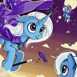 Size: 1600x1600 | Tagged: safe, artist:ponykillerx, trixie, pony, unicorn, cape, clothes, cloud, cute, female, flying, hat, image, magic wand, mare, multeity, png, trixie's cape, trixie's hat