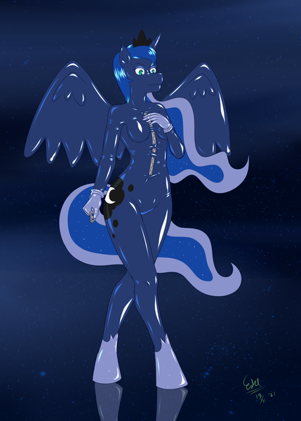 Size: 2000x2800 | Tagged: questionable, artist:theezyguy00, derpibooru import, princess luna, alicorn, anthro, unguligrade anthro, barbie doll anatomy, bondage, breasts, clothes, costume, encasement, eyeshadow, featureless breasts, featureless crotch, female, gloves, hoof shoes, image, implied hypnosis, jewelry, latex, latex suit, looking down, makeup, mask, masking, merging, png, ponysuit, reflection, rubber, rubber suit, signature, solo, spread wings, starry background, suit, tiara, wings, zipper