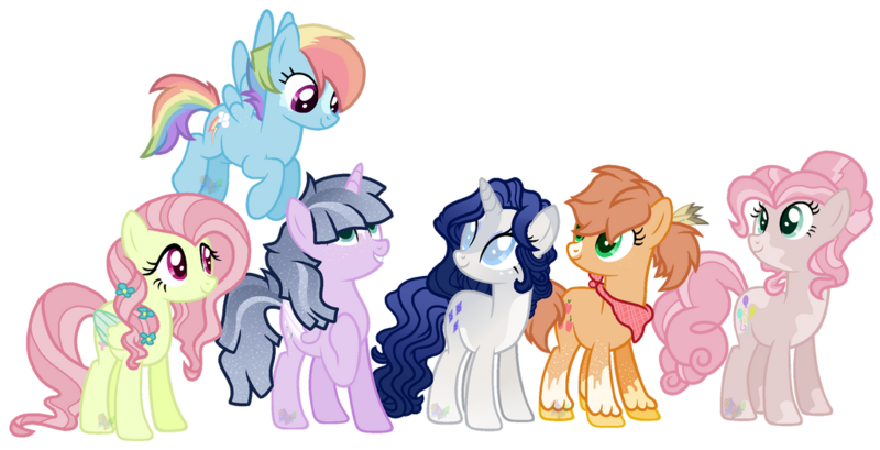 Size: 1024x523 | Tagged: safe, artist:bookieverse-nextgen, derpibooru import, applejack, fluttershy, pinkie pie, rainbow dash, rarity, twilight sparkle, twilight sparkle (alicorn), alicorn, bookieverse, image, mane six, mane six redesign, png, redesign