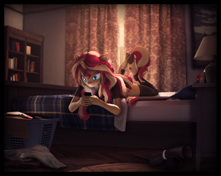 Size: 10000x8000 | Tagged: safe, artist:imafutureguitarhero, derpibooru import, sunset shimmer, anthro, classical unicorn, unguligrade anthro, unicorn, 3d, absurd file size, absurd resolution, arm fluff, arm freckles, bed, bedroom, bedside stand, blanket, bookshelf, boots, border, cheek fluff, chromatic aberration, clothes, clothes on floor, cloven hooves, colored eyebrows, colored eyelashes, curtains, ear fluff, ear freckles, ear piercing, earring, error, female, film grain, fluffy, freckles, fur, hoof fluff, hooves in air, horn, image, indoors, iphone, ipod, jewelry, jpeg, lamp, laundry, laundry basket, laying on bed, leg fluff, leg freckles, legs, leonine tail, lingerie, long hair, long mane, lying down, mobile phone, morning, mp3 player, multicolored hair, multicolored mane, multicolored tail, nose wrinkle, on bed, painting, paintover, pantyhose, peppered bacon, phone, piercing, pillow, prone, see-through, see-through shirt, shirt, shoes, shoes off, signature, smartphone, socks, solo, source filmmaker, stockings, tail, thigh highs, unshorn fetlocks, wall of tags, wooden floor