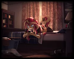 Size: 10000x8000 | Tagged: safe, artist:imafutureguitarhero, derpibooru import, sunset shimmer, anthro, classical unicorn, unguligrade anthro, unicorn, 3d, absurd file size, absurd resolution, arm fluff, arm freckles, bed, bedroom, bedside stand, blanket, bookshelf, boots, border, cheek fluff, chromatic aberration, clothes, clothes on floor, cloven hooves, colored eyebrows, colored eyelashes, curtains, ear fluff, ear freckles, ear piercing, earring, error, female, film grain, fluffy, freckles, fur, hoof fluff, hooves in air, horn, image, indoors, iphone, ipod, jewelry, jpeg, lamp, laundry, laundry basket, laying on bed, leg fluff, leg freckles, legs, leonine tail, lingerie, long hair, long mane, lying down, mobile phone, morning, mp3 player, multicolored hair, multicolored mane, multicolored tail, nose wrinkle, on bed, painting, paintover, pantyhose, peppered bacon, phone, piercing, pillow, prone, see-through, see-through shirt, shirt, shoes, shoes off, signature, smartphone, socks, solo, source filmmaker, stockings, tail, thigh highs, unshorn fetlocks, wall of tags, wooden floor