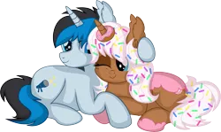 Size: 9547x5695 | Tagged: safe, artist:cyanlightning, derpibooru import, oc, oc:donut daydream, oc:solar gizmo, unofficial characters only, pony, unicorn, .svg available, absurd resolution, donut, duo, female, food, hug, image, male, mare, png, simple background, smiling, solo, stallion, transparent background, vector