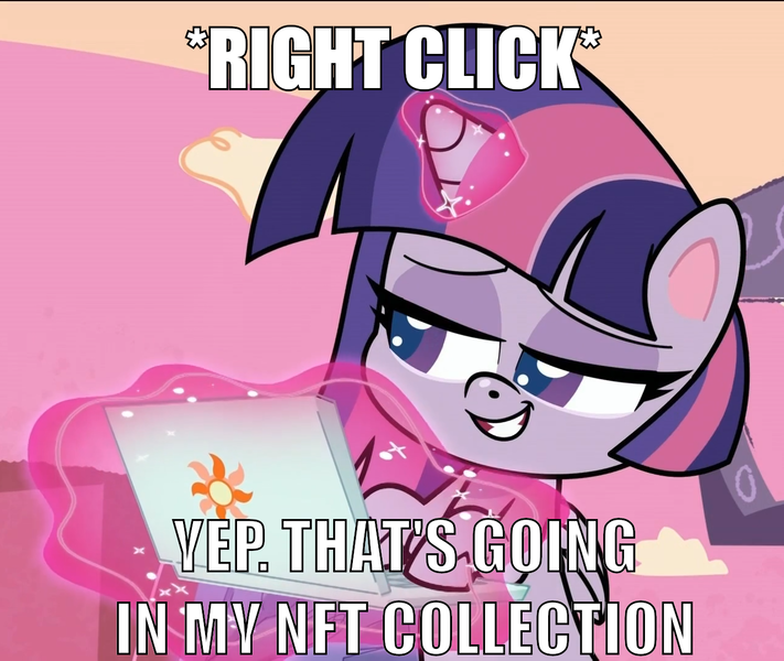 Size: 1280x1080 | Tagged: safe, derpibooru import, twilight sparkle, twilight sparkle (alicorn), alicorn, pony, my little pony: pony life, caption, computer, cringe compilation, image, image macro, laptop computer, magic, meme, nft, png, right click, smug, solo, telekinesis, text