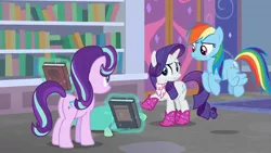 Size: 1920x1080 | Tagged: safe, derpibooru import, screencap, rainbow dash, rarity, starlight glimmer, the end in friend, boots, clothes, glitter boots, image, jpeg, shoes