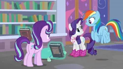 Size: 1920x1080 | Tagged: safe, derpibooru import, screencap, rainbow dash, rarity, starlight glimmer, the end in friend, boots, clothes, glitter boots, image, jpeg, shoes