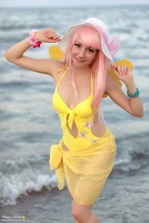 Size: 640x960 | Tagged: safe, artist:saru-cosplay, derpibooru import, fluttershy, human, clothes, cosplay, costume, cutie mark, cutie mark on clothes, image, irl, irl human, jpeg, ocean, photo, swimsuit, water