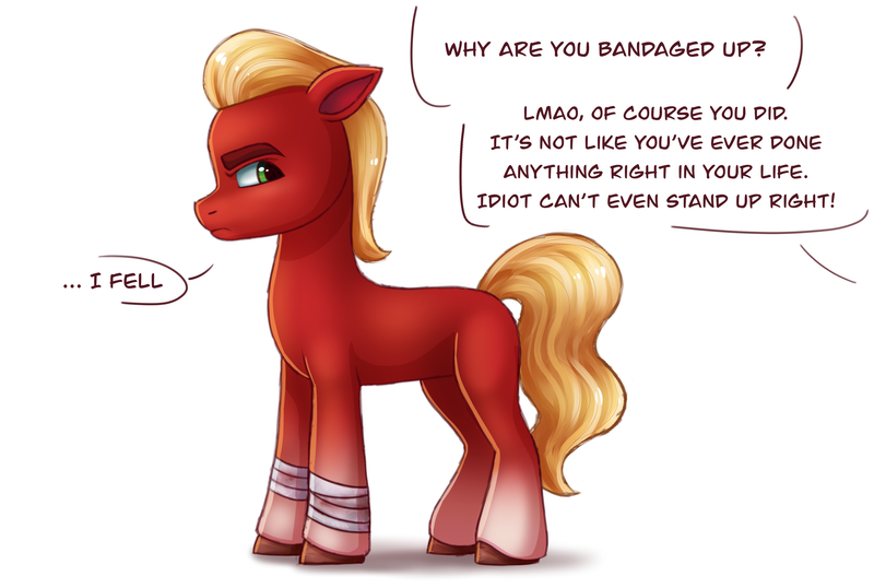 Size: 3048x2048 | Tagged: safe, artist:dancingkinfiend, artist:malarkey, derpibooru import, sprout cloverleaf, earth pony, pony, my little pony: a new generation, angry, bandage, blonde, blonde hair, blonde mane, blood, bully, bullying, coat markings, collaboration, conversation, cutting, eyebrows down, g5, hurting, image, implied self harm, injured, male, offended, png, red fur, self harm, socks (coat marking), solo, speech bubble, stallion, text, wavy hair, wavy mane