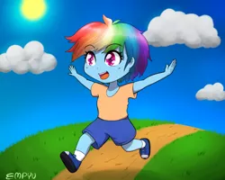 Size: 1200x960 | Tagged: safe, artist:empyu, derpibooru import, rainbow dash, equestria girls, clothes, cute, dashabetes, dirt path, female, grass, image, open mouth, png, scenery, shirt, shoes, shorts, socks, solo, younger