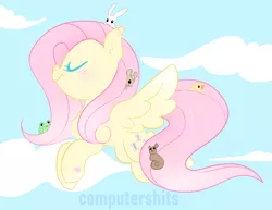 Size: 918x710 | Tagged: safe, artist:computershits, derpibooru import, angel bunny, fluttershy, bird, chipmunk, duck, frog, pegasus, pony, rabbit, squirrel, animal, cloud, critters, eyes closed, female, flying, happy, hoof heart, image, mortimer, png, simple background, sky, solo