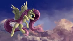 Size: 4000x2250 | Tagged: safe, artist:flusanix, derpibooru import, fluttershy, pegasus, pony, cloud, female, flying, high res, image, looking down, mare, png, solo