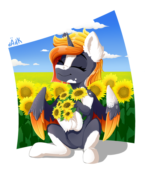 Size: 4000x4800 | Tagged: safe, artist:rainbowfire, derpibooru import, oc, alicorn, pegasus, pony, unicorn, :3, :p, chest fluff, cloud, ear fluff, eyes closed, female, field, flower, gift art, horn, image, mare, orange mane, png, requested art, sky, smiling, solo, solo female, spots, summer, sun, sunflower, tongue out, warm, wings