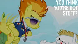 Size: 1280x720 | Tagged: safe, derpibooru import, edit, edited screencap, editor:quoterific, screencap, bulk biceps, spitfire, pegasus, pony, season 3, wonderbolts academy, duo, female, flying, image, jpeg, male, mare, spread wings, stallion, whistle, whistle necklace, wings
