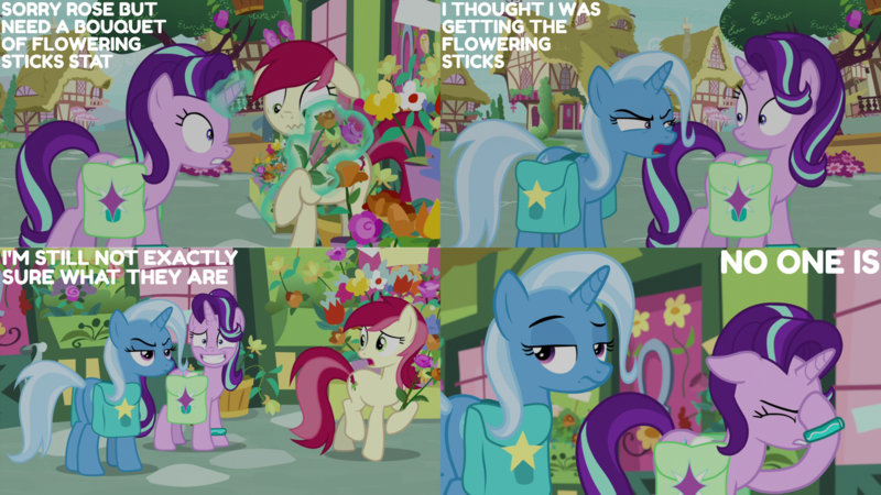 Size: 1280x720 | Tagged: safe, derpibooru import, edit, edited screencap, editor:quoterific, screencap, roseluck, starlight glimmer, trixie, earth pony, pony, unicorn, season 9, student counsel, spoiler:s09, bag, eyes closed, female, floppy ears, flower, grin, image, magic, mare, nervous, nervous grin, png, saddle bag, smiling, telekinesis
