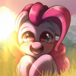 Size: 2048x2048 | Tagged: safe, artist:kurogewapony, derpibooru import, pinkie pie, earth pony, pony, blushing, cute, diapinkes, female, grass, image, jpeg, looking at you, lying down, mare, open mouth, open smile, prone, smiling, smiling at you, solo
