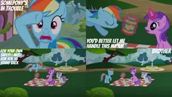 Size: 1280x720 | Tagged: safe, derpibooru import, edit, edited screencap, editor:quoterific, screencap, amethyst star, rainbow dash, pegasus, pony, unicorn, season 2, the mysterious mare do well, eyes closed, female, filly, foal, image, magic, open mouth, png, smiling, telekinesis