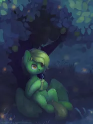 Size: 3630x4862 | Tagged: safe, artist:yarugreat, derpibooru import, oc, firefly (insect), insect, pegasus, pony, food, image, lemon, night, png, sitting, smiling, solo, tree