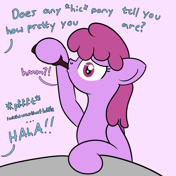 Size: 2000x2000 | Tagged: safe, artist:dafiltafish, derpibooru import, berry punch, berryshine, minuette, earth pony, pony, bottle, drunk, female, go home you're drunk, image, implied minuette, mare, offscreen character, png, solo, text