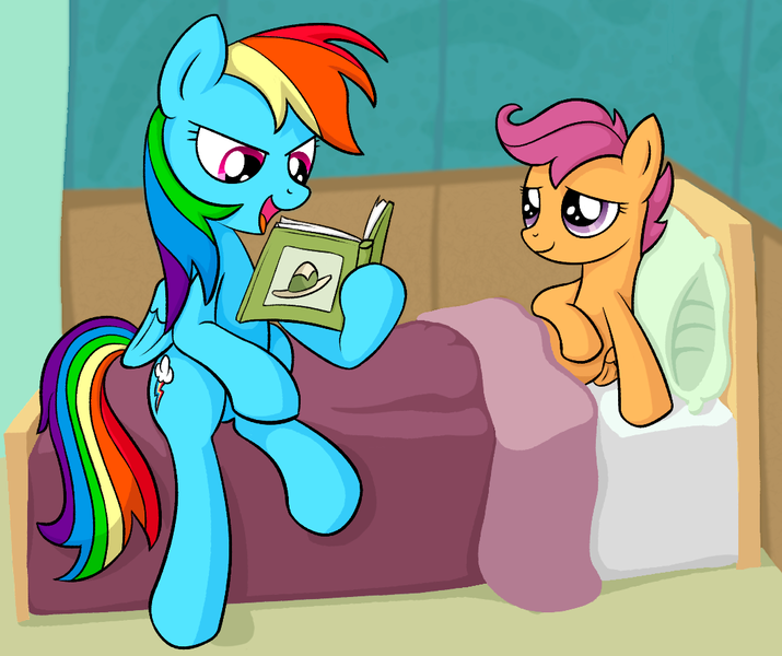 Size: 1059x889 | Tagged: safe, artist:reconprobe, derpibooru import, rainbow dash, scootaloo, pegasus, pony, bed, book, duo, female, filly, foal, hospital, image, mare, png