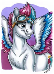 Size: 2550x3523 | Tagged: safe, artist:lupiarts, derpibooru import, zipp storm, pegasus, my little pony: a new generation, drawing, feather, female, flyer, g5, goggles, image, jpeg, smiling, solo, solo female, spread wings, traditional art, wings