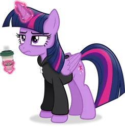Size: 3846x3931 | Tagged: safe, artist:anime-equestria, derpibooru import, twilight sparkle, pony, annoyed, bags under eyes, clothes, coffee, coffee cup, cup, female, hoodie, horn, image, levitation, magic, mare, png, simple background, solo, telekinesis, tired, transparent background, vector, wings