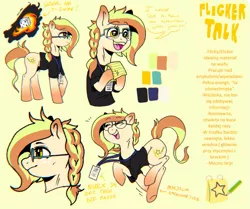 Size: 671x560 | Tagged: safe, artist:porcelanowyokular, derpibooru import, oc, unofficial characters only, earth pony, pony, :d, braid, bust, clothes, earth pony oc, female, glasses, image, mare, open mouth, open smile, png, reference sheet, smiling