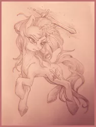 Size: 3083x4083 | Tagged: safe, artist:porcelanowyokular, derpibooru import, oc, unofficial characters only, pony, unicorn, female, glow, glowing horn, horn, image, jpeg, looking back, magic, mare, solo, sword, telekinesis, traditional art, weapon