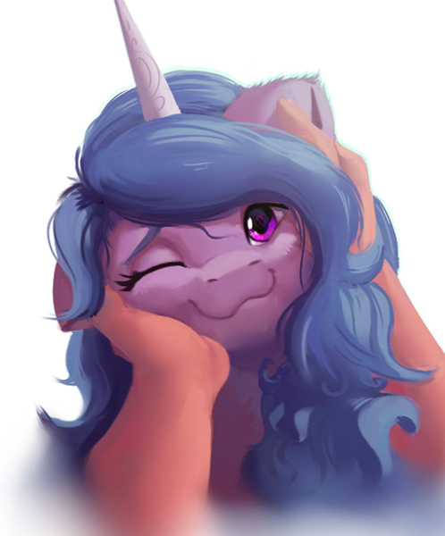 Size: 694x836 | Tagged: safe, artist:itssim, derpibooru import, izzy moonbow, human, pony, unicorn, my little pony: a new generation, :3, behaving like a cat, cute, cuteness overload, daaaaaaaaaaaw, ear scratch, female, finger, g5, hand, happy, heart, heart eyes, horn, image, itssim is trying to murder us, izzybetes, jpeg, looking at you, mane, mare, offscreen character, one eye closed, petting, pov, purple eyes, simple background, smiling, smiling at you, sweet dreams fuel, weapons-grade cute, white background, wholesome, wingding eyes