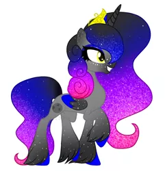 Size: 1362x1413 | Tagged: safe, artist:teonnakatztkgs, derpibooru import, oc, unofficial characters only, alicorn, pony, alicorn oc, base used, ethereal mane, eyelashes, female, grin, horn, image, jewelry, jpeg, makeup, mare, raised hoof, simple background, smiling, solo, starry mane, tiara, white background, wings