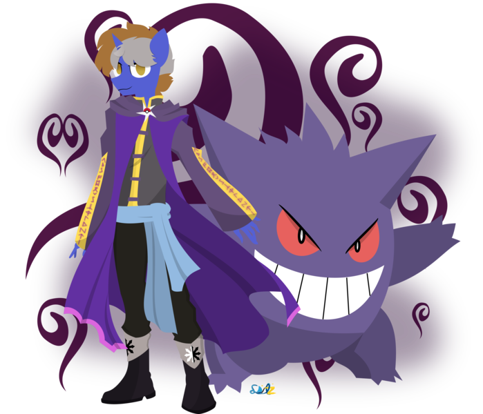 Size: 3048x2615 | Tagged: safe, artist:samsailz, derpibooru import, oc, anthro, gengar, pony, unicorn, boots, clothes, image, lineless, looking at you, mage, png, pokémon, pokémon trainer, robe, runes, shoes, simple background, smiling, smiling at you, smoke, solo, transparent background