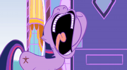 Size: 321x177 | Tagged: safe, artist:hotdiggedydemon, derpibooru import, screencap, twilight sparkle, .mov, dress.mov, animated, carousel boutique, door, get your fat ass out here, gif, image, knocking, loop, solo, yelling