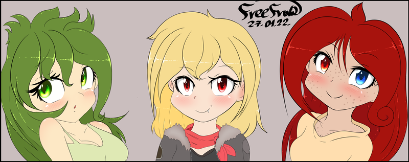 Size: 4379x1733 | Tagged: safe, artist:freefraq, derpibooru import, oc, oc:cherry slime, oc:flower, human, freckles, humanized, image, png