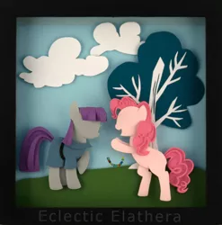 Size: 1820x1840 | Tagged: safe, artist:elathera, derpibooru import, maud pie, pinkie pie, earth pony, pony, bipedal, image, jpeg, paper, raised hoof, shadow box, tree