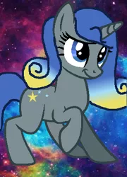 Size: 324x449 | Tagged: safe, artist:rosienature123, derpibooru import, oc, oc:galaxy swirl, unofficial characters only, pony, unicorn, :t, blue eyes, female, gradient mane, hooves, horn, image, looking up, mare, parent:star swirl the bearded, png, raised hoof, smiling, solo, standing, starswirl's book, unicorn oc, wallpaper